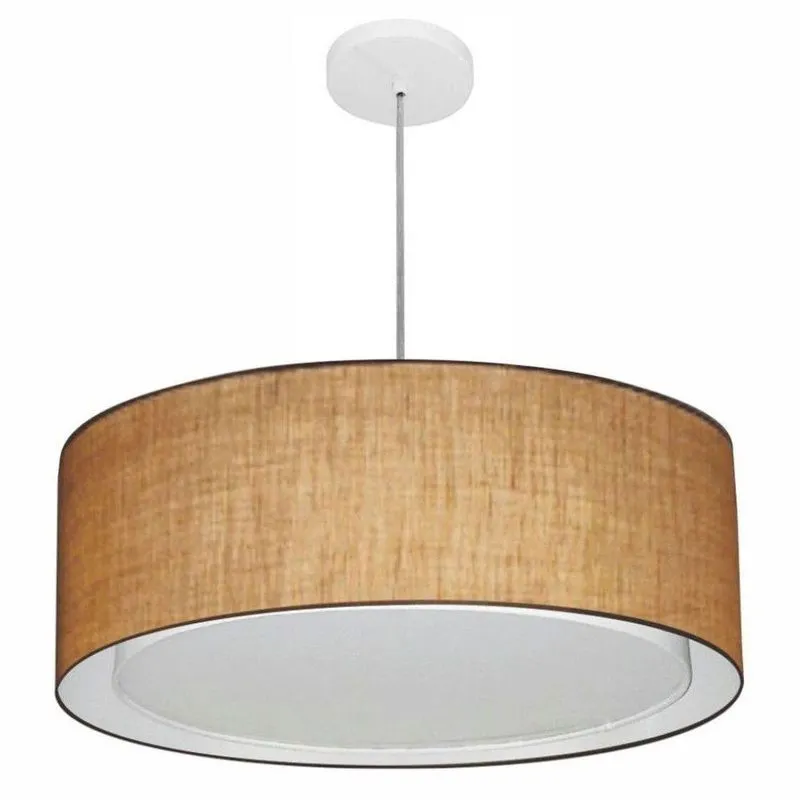 Lustre Pendente Cilíndrico Duplo MD-4297 Com Cúpula Em Tecido 60x25cm Bivolt Palha Vivare Brasil