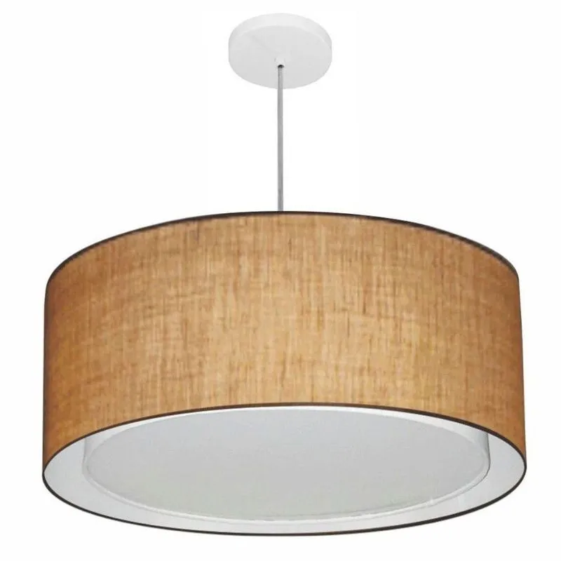 Lustre Pendente Cilíndrico Duplo MD-4298 Cúpula Em Tecido 60x30cm Bivolt Palha Vivare Brasil