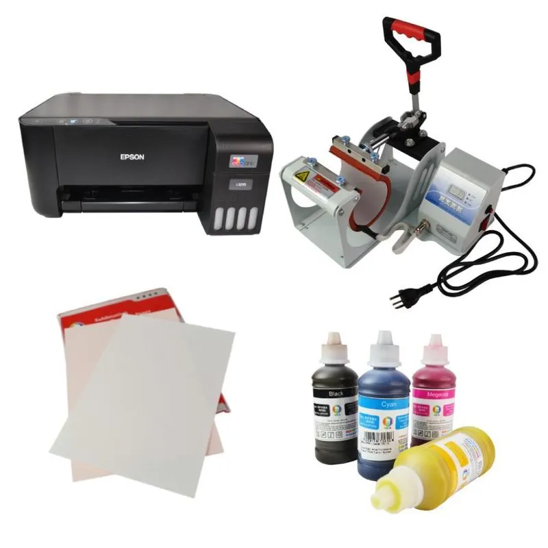 Kit Prensa Caneca 110v + Impressora L3210 + Tintas + Folhas