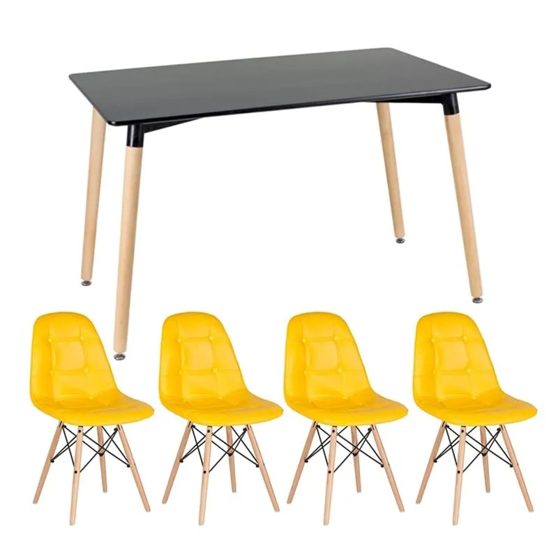 KIT - Mesa Eames 120 x 80 cm preto + 4 cadeiras Eames Botonê - Amarelo