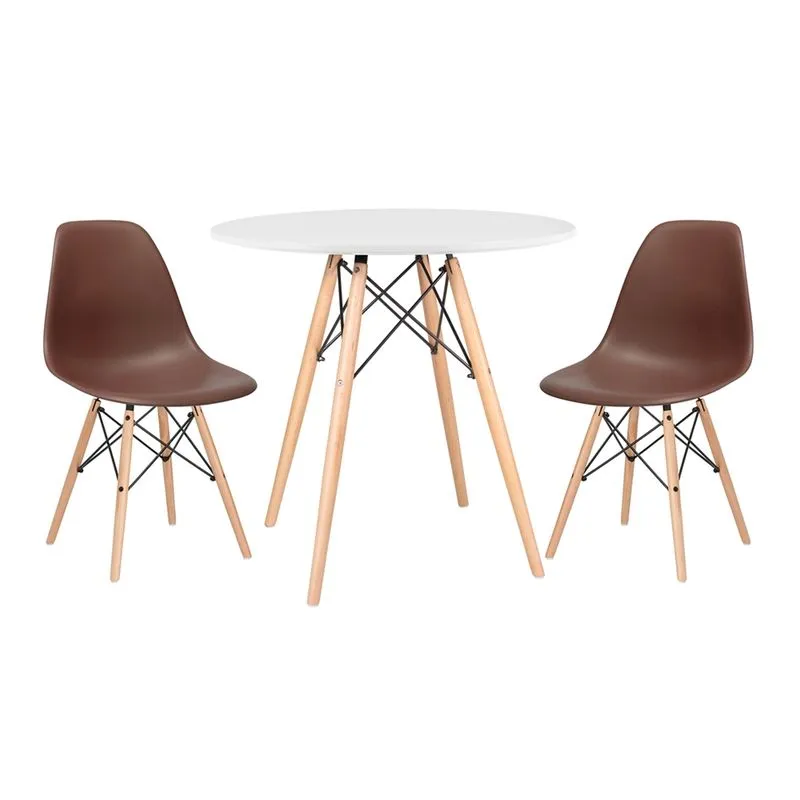 KIT - Mesa Eames 80 cm branco + 2 cadeiras Eames DSW - Marrom