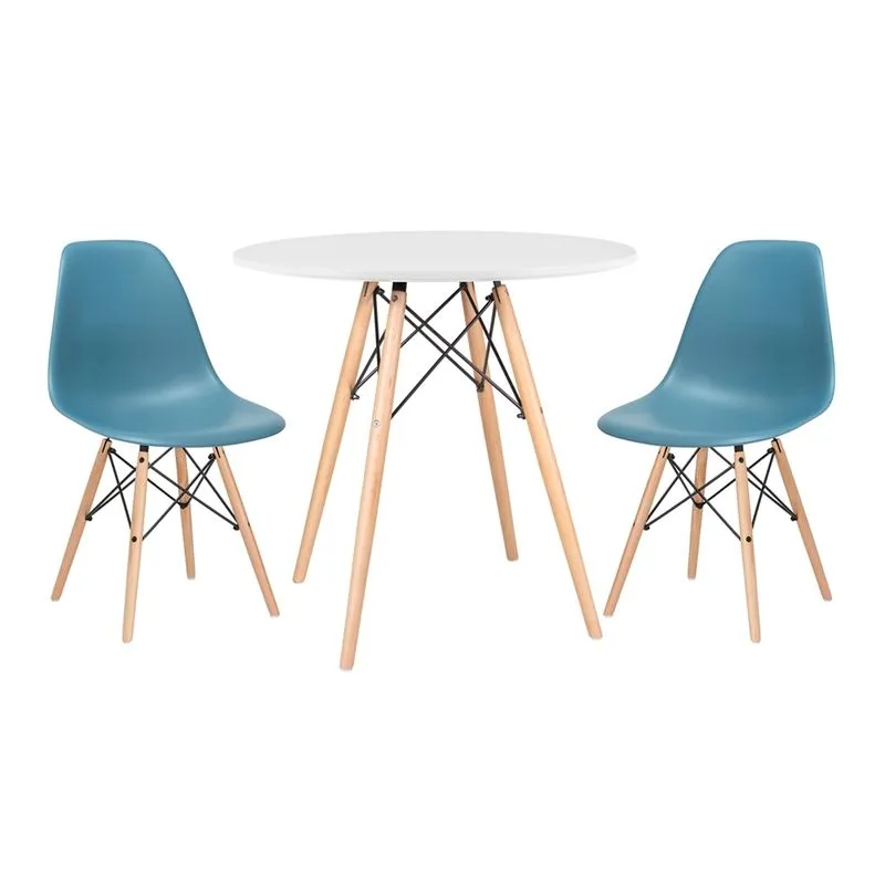 KIT - Mesa Eames 80 cm branco + 2 cadeiras Eames DSW - Turquesa