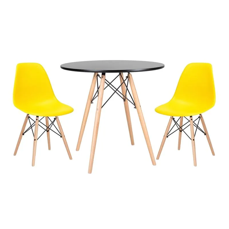 KIT - Mesa Eames 80 cm preto + 2 cadeiras Eames DSW - Amarelo