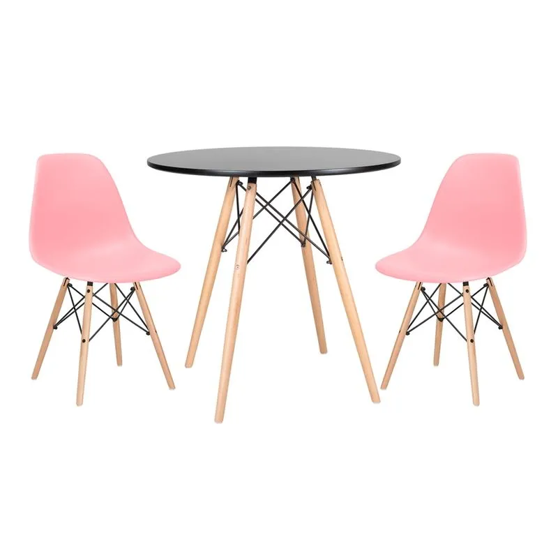 KIT - Mesa Eames 80 cm preto + 2 cadeiras Eames DSW - Rosa
