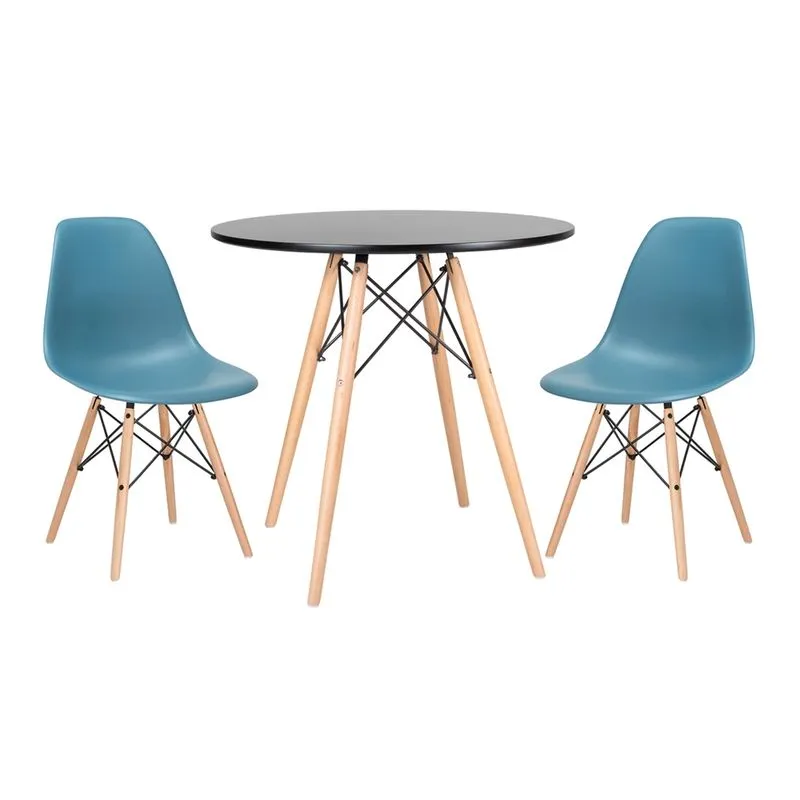 KIT - Mesa Eames 80 cm preto + 2 cadeiras Eames DSW - Turquesa