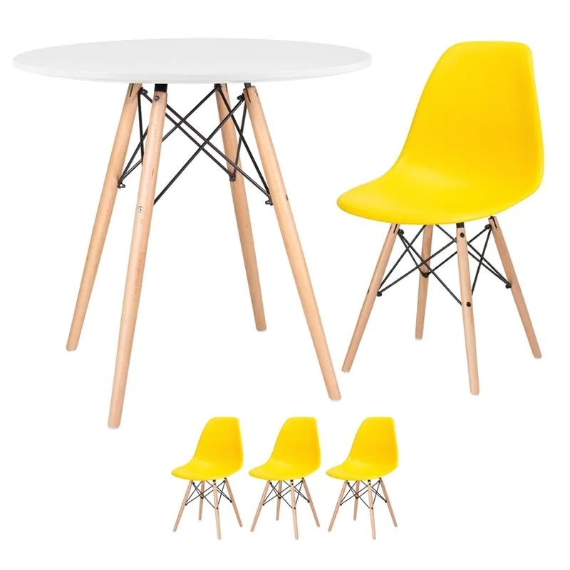 KIT - Mesa Eames 80 cm branco + 3 cadeiras Eames DSW - Amarelo