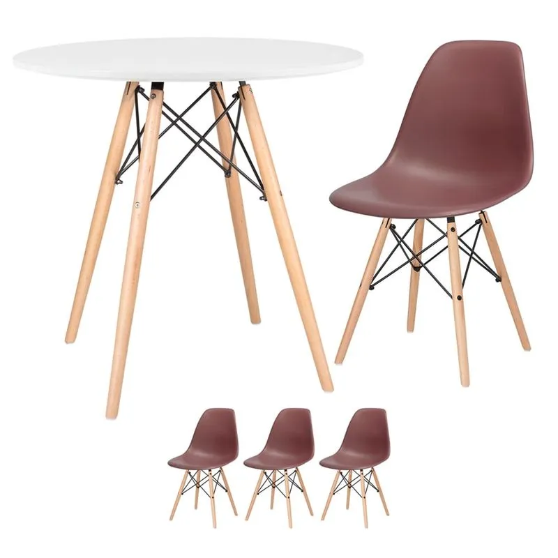 KIT - Mesa Eames 80 cm branco + 3 cadeiras Eames DSW - Marrom