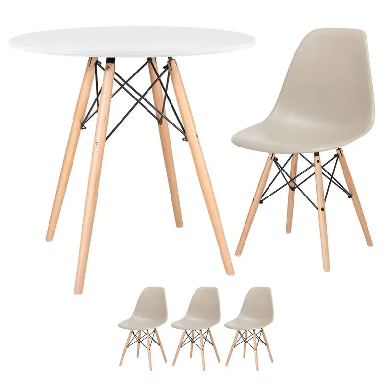 KIT - Mesa Eames 80 cm branco + 3 cadeiras Eames DSW - Nude