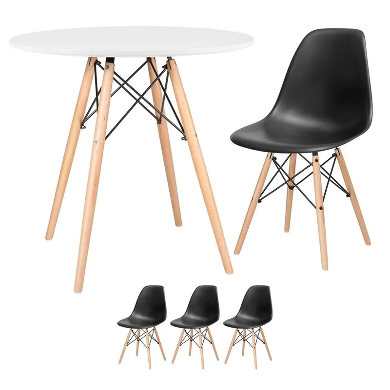 KIT - Mesa Eames 80 cm branco + 3 cadeiras Eames DSW - Preto