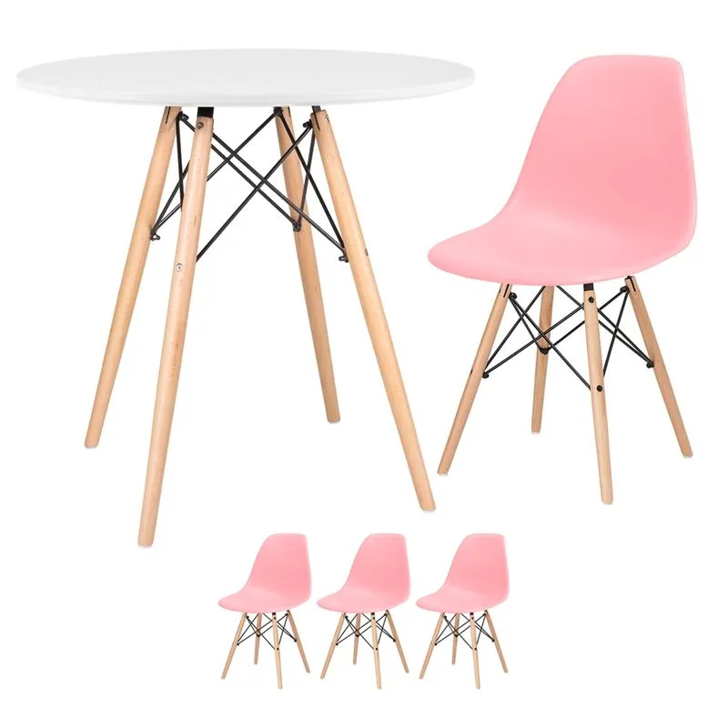 KIT - Mesa Eames 80 cm branco + 3 cadeiras Eames DSW - Rosa