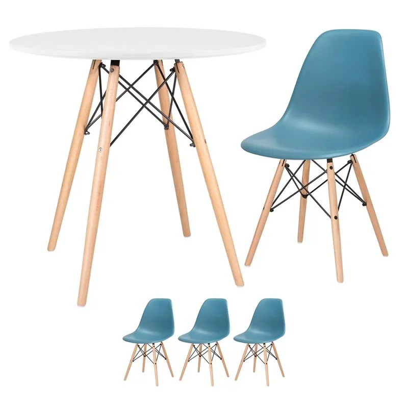 KIT - Mesa Eames 80 cm branco + 3 cadeiras Eames DSW - Turquesa