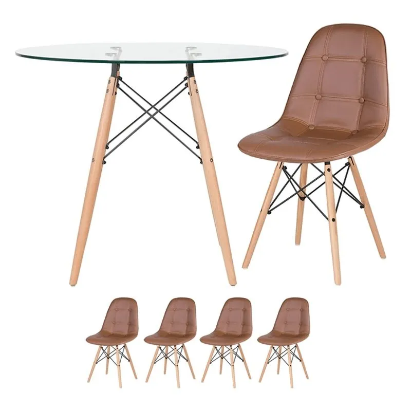 KIT - Mesa Eames 90 cm com tampo de vidro + 4 cadeiras Eames Botonê - Marrom