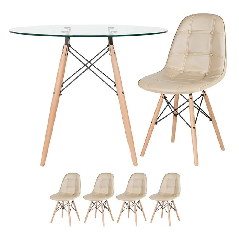 KIT - Mesa Eames 90 cm com tampo de vidro + 4 cadeiras Eames Botonê - Nude