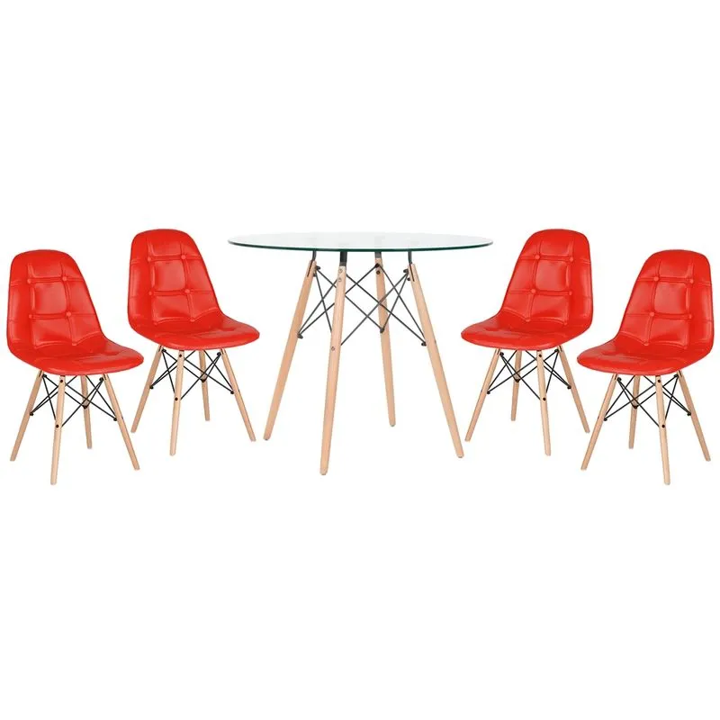 KIT - Mesa de vidro Eames 90 cm + 4 cadeiras estofadas Eames Eiffel Botonê - Vermelho