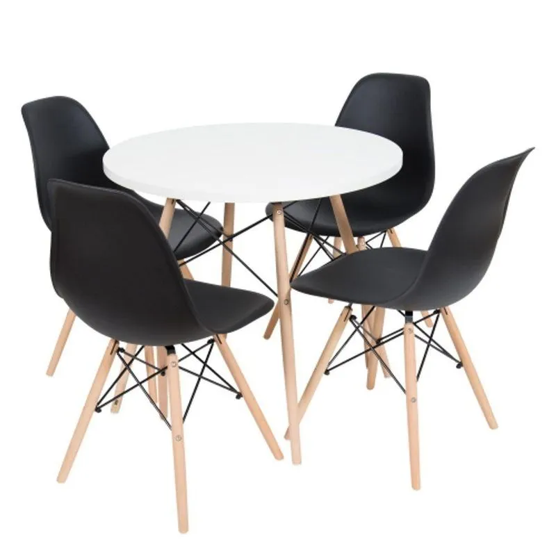 Kit Mesa Redonda Eames 90 Cm Branco + 4 Cadeiras Eiffel Dsw Preto