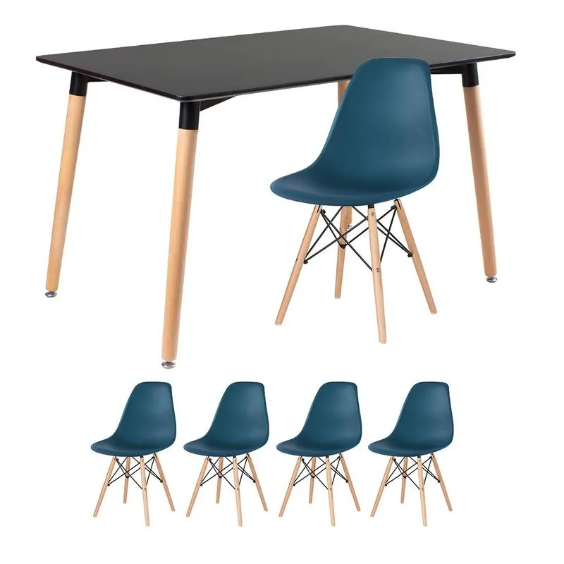 Kit - Mesa De Jantar Retangular Eames 80 X 120 Cm Preto + 4 Cadeiras Eiffel Dsw Azul Petróleo
