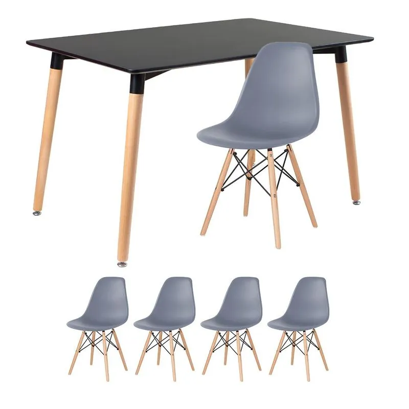 Kit - Mesa De Jantar Retangular Eames 80 X 120 Cm Preto + 4 Cadeiras Eiffel Dsw Cinza Escuro