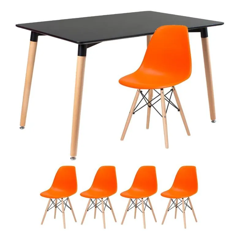 Kit - Mesa de jantar retangular Eames 80 x 120 cm preto + 4 cadeiras Eiffel dsw Laranja