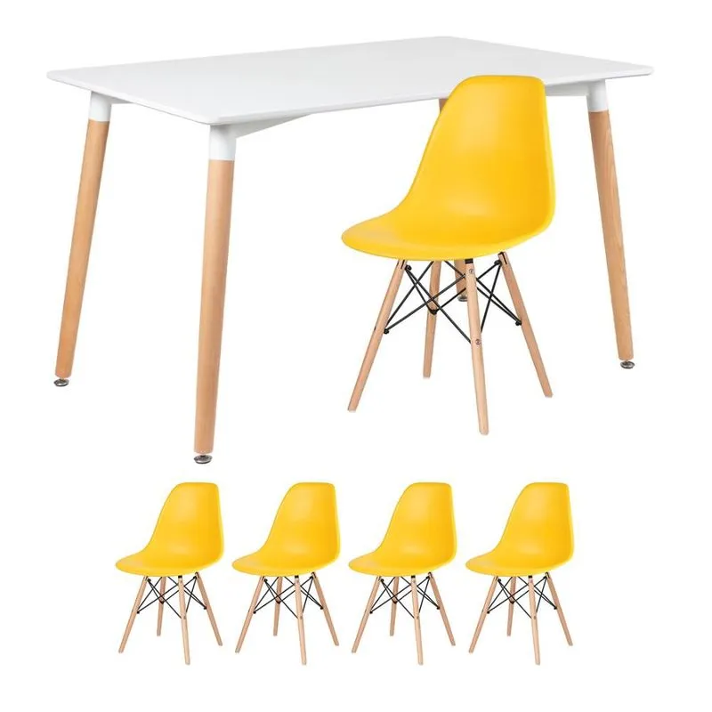 Kit - Mesa de jantar retangular Eames 80 x 120 cm branco + 4 cadeiras Eiffel dsw Amarelo