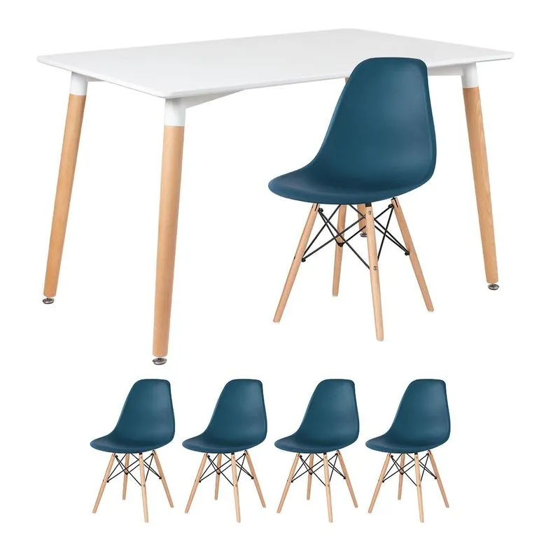 Kit - Mesa De Jantar Retangular Eames 80 X 120 Cm Branco + 4 Cadeiras Eiffel Dsw Azul Petróleo