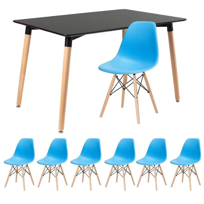 Kit - Mesa de jantar retangular Eames 80 x 120 cm preto + 6 cadeiras Eiffel dsw Azul céu