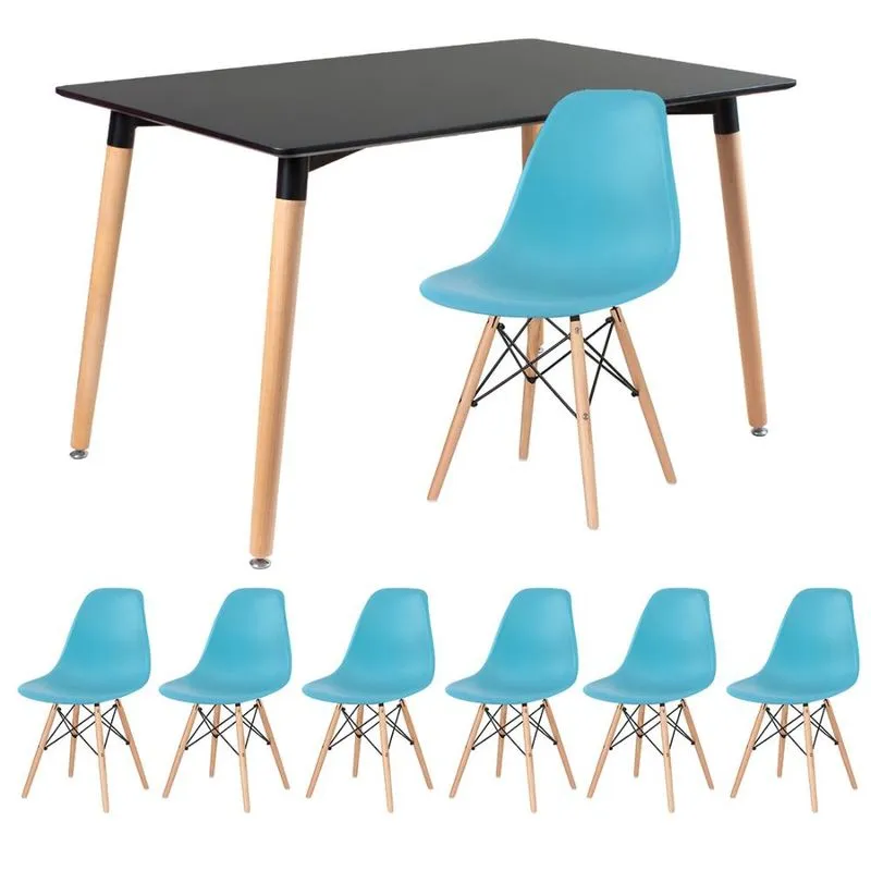 Kit - Mesa de jantar retangular Eames 80 x 120 cm preto + 6 cadeiras Eiffel dsw Azul Tiffany