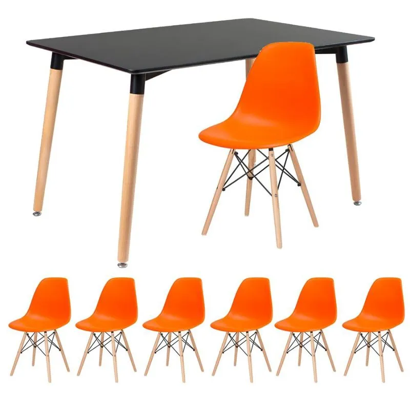 Kit - Mesa de jantar retangular Eames 80 x 120 cm preto + 6 cadeiras Eiffel dsw Laranja