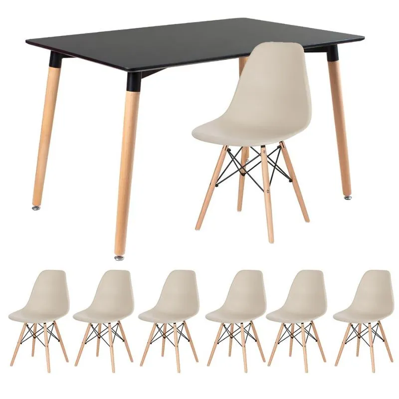 Kit - Mesa de jantar retangular Eames 80 x 120 cm preto + 6 cadeiras Eiffel dsw Nude