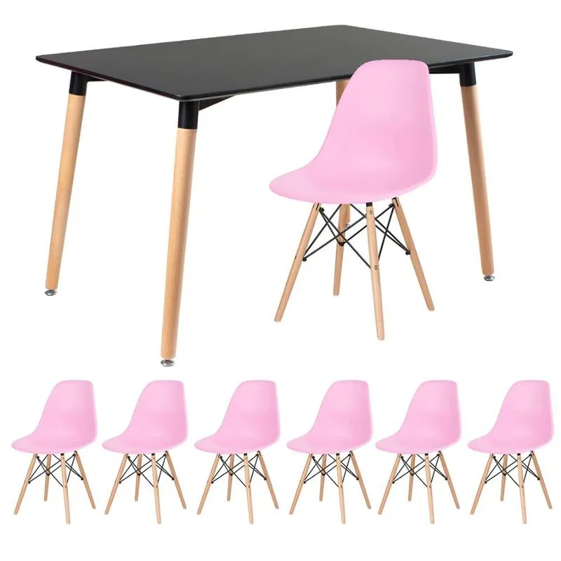 Kit - Mesa de jantar retangular Eames 80 x 120 cm preto + 6 cadeiras Eiffel dsw Rosa claro