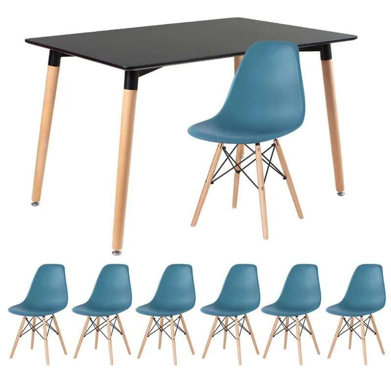 Kit - Mesa de jantar retangular Eames 80 x 120 cm preto + 6 cadeiras Eiffel dsw Turquesa