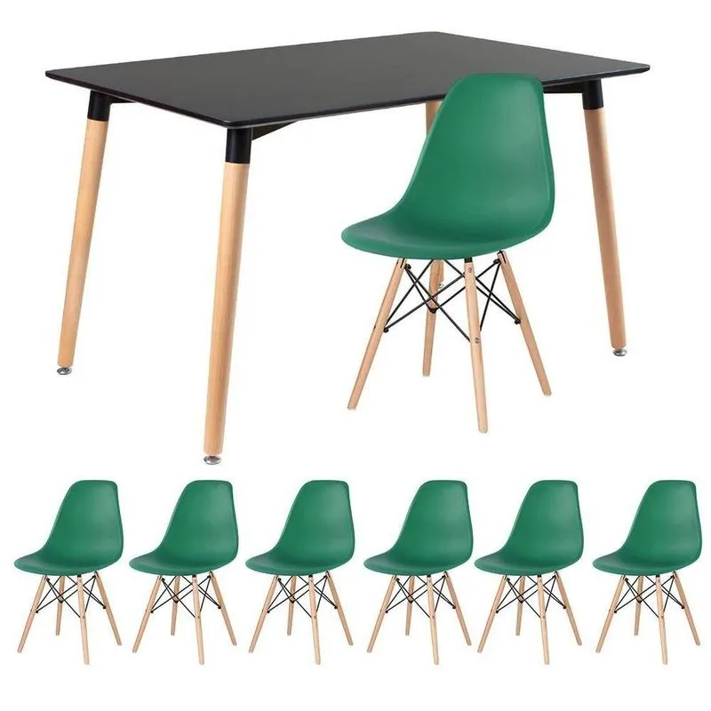 Mesa De Jantar Retangular Eames 80 X 120 Cm Preto + 6 Cadeiras Eiffel Dsw Verde Escuro