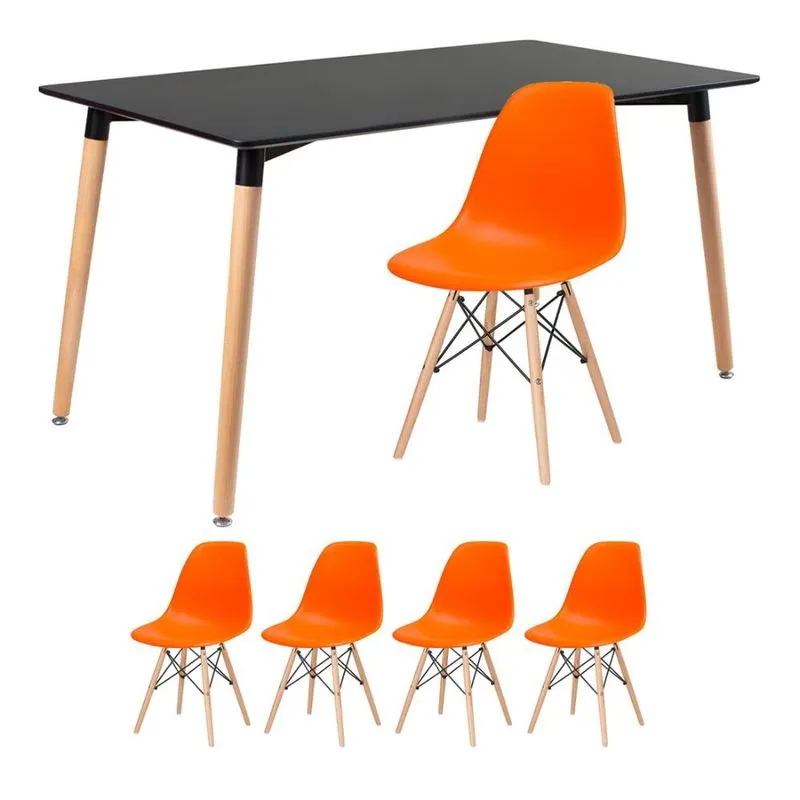 Kit - Mesa de jantar retangular Eames 80 x 140 cm preto + 4 cadeiras Eiffel dsw Laranja