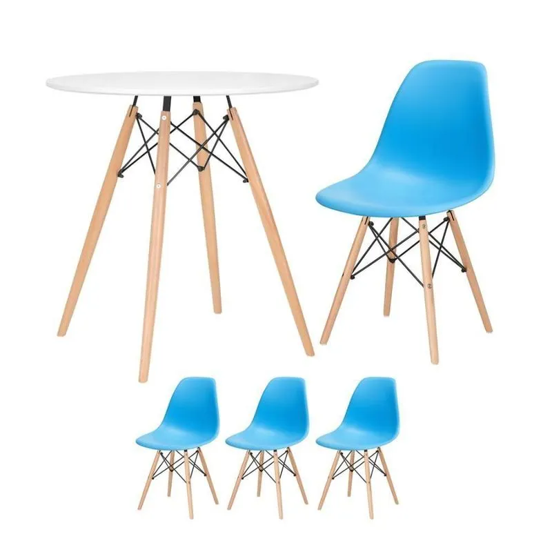 Mesa Redonda Eames 70 Cm Branco + 3 Cadeiras Eiffel Dsw Azul Céu