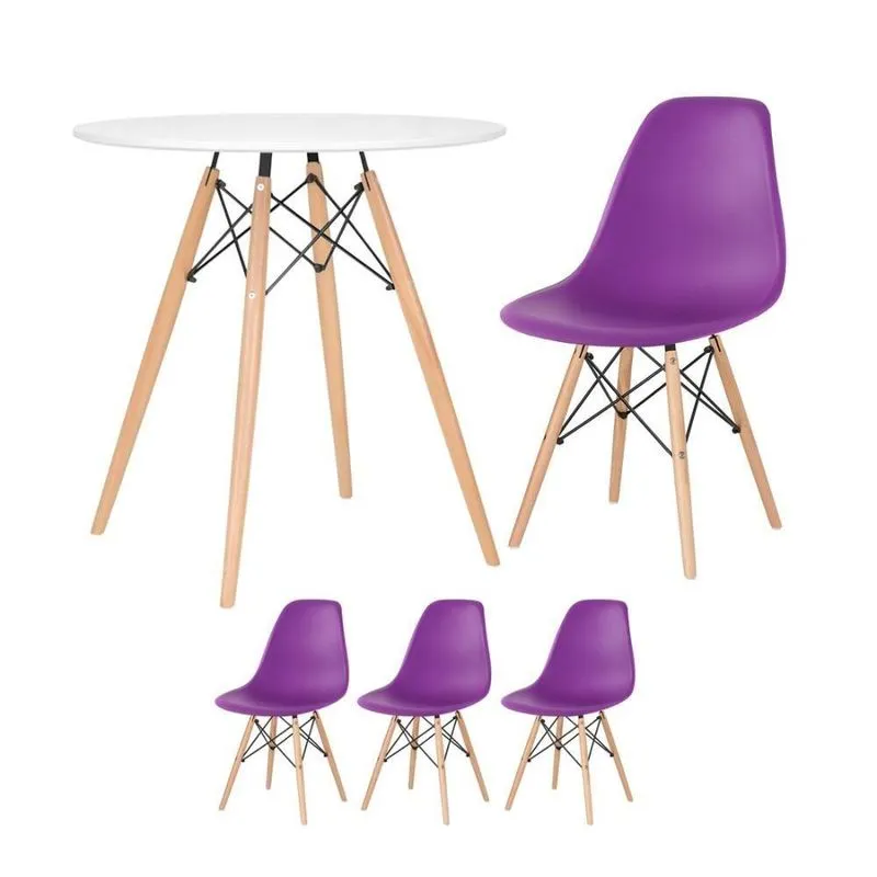 Mesa Redonda Eames 70 Cm Branco + 3 Cadeiras Eiffel Dsw Roxo