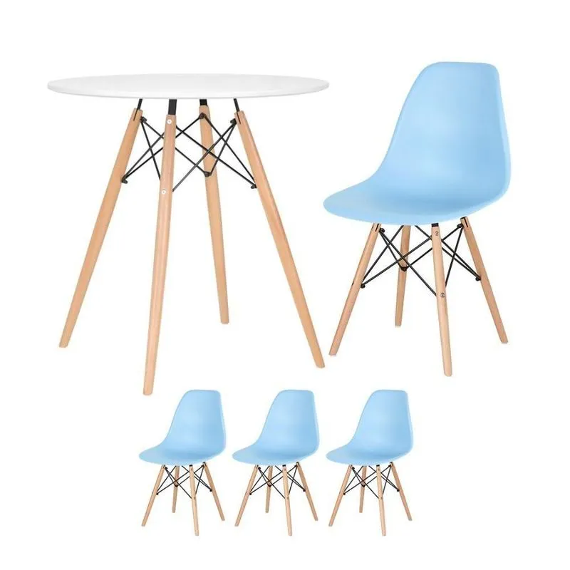 Mesa Redonda Eames 70 Cm Branco + 3 Cadeiras Eiffel Dsw Azul Claro