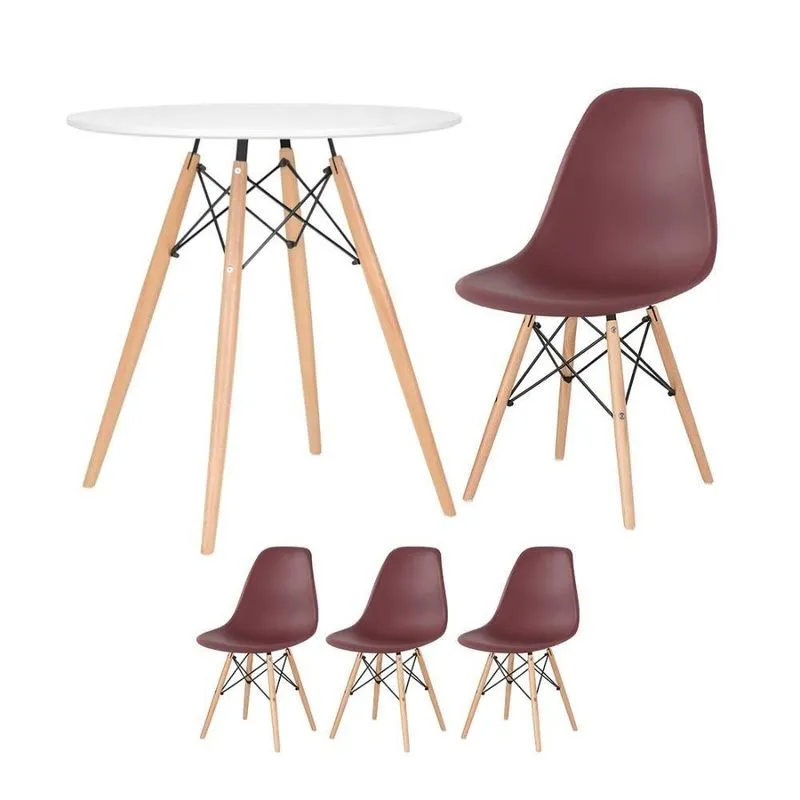 Mesa Redonda Eames 70 Cm Branco + 3 Cadeiras Eiffel Dsw Marrom