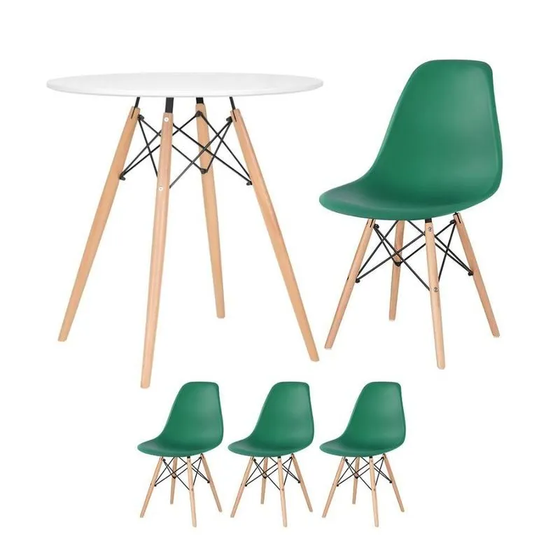 Mesa Redonda Eames 70 Cm Branco + 3 Cadeiras Eiffel Dsw Verde Escuro