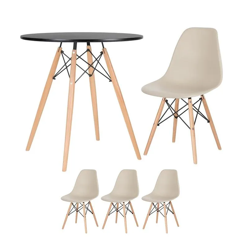 Kit - Mesa Redonda Eames 70 Cm Preto + 3 Cadeiras Eiffel Dsw Nude