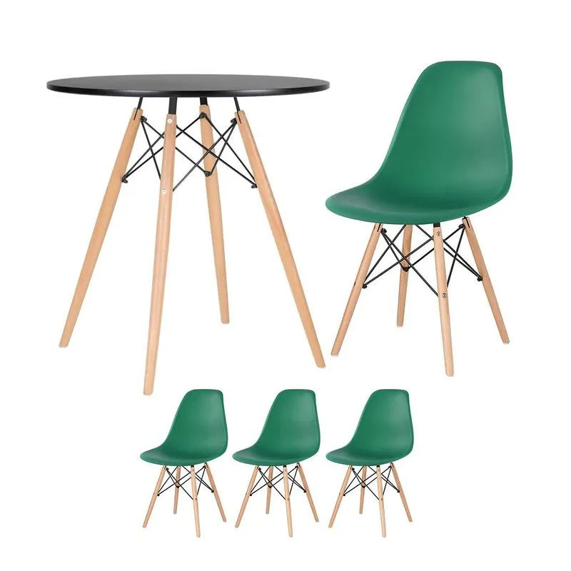 Kit - Mesa Redonda Eames 70 Cm Preto + 3 Cadeiras Eiffel Dsw Verde Escuro