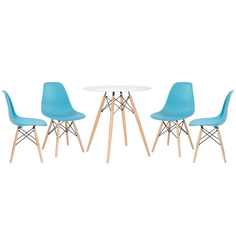 Kit - Mesa redonda Eames 70 cm branco + 4 cadeiras Eiffel dsw Azul Tiffany