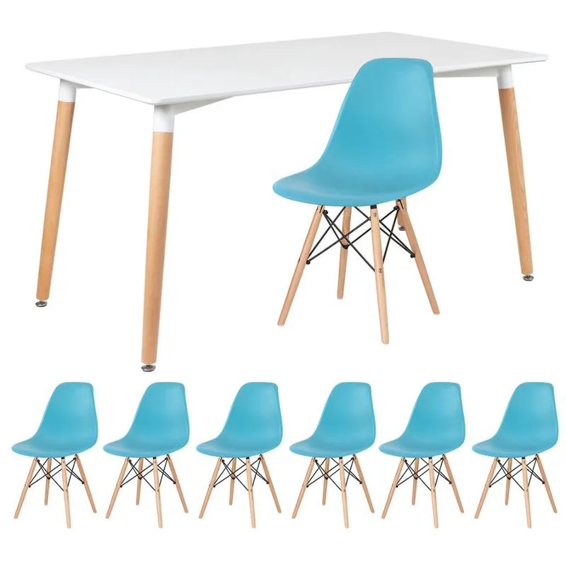Kit - Mesa de jantar retangular Eames 80 x 140 cm branco + 6 cadeiras Eiffel dsw Azul Tiffany