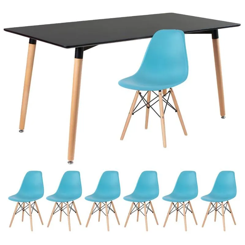 Kit - Mesa de jantar retangular Eames 80 x 160 cm preto + 6 cadeiras Eiffel dsw Azul Tiffany