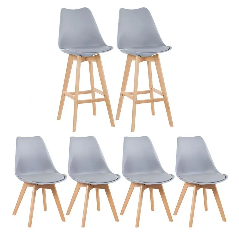 Kit - 2 Banquetas Altas + 4 Cadeiras Estofadas Leda Cinza Claro