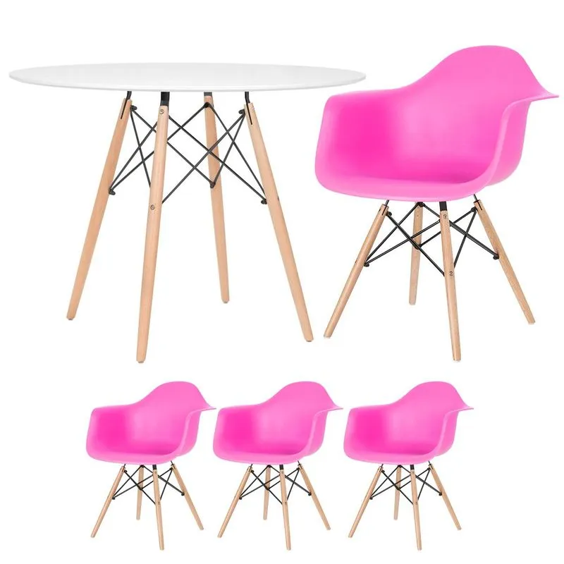 Kit - Mesa Redonda Eames 100 Cm Branco + 3 Cadeiras Eiffel Daw Rosa Pink