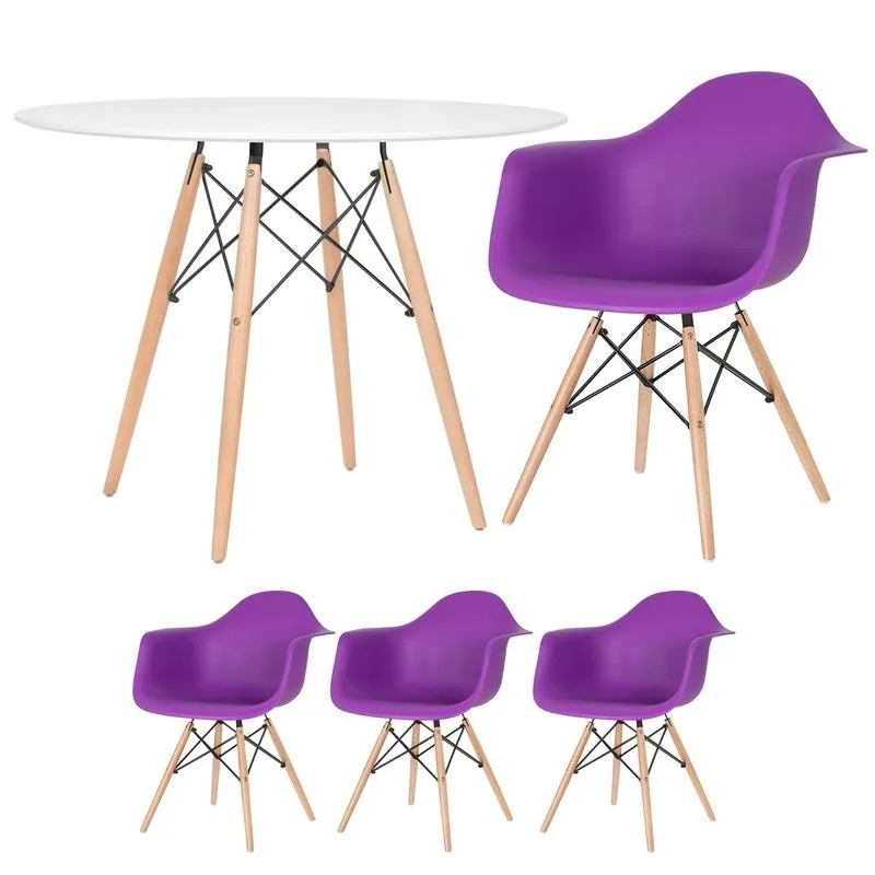 Kit - Mesa Redonda Eames 100 Cm Branco + 3 Cadeiras Eiffel Daw Roxo
