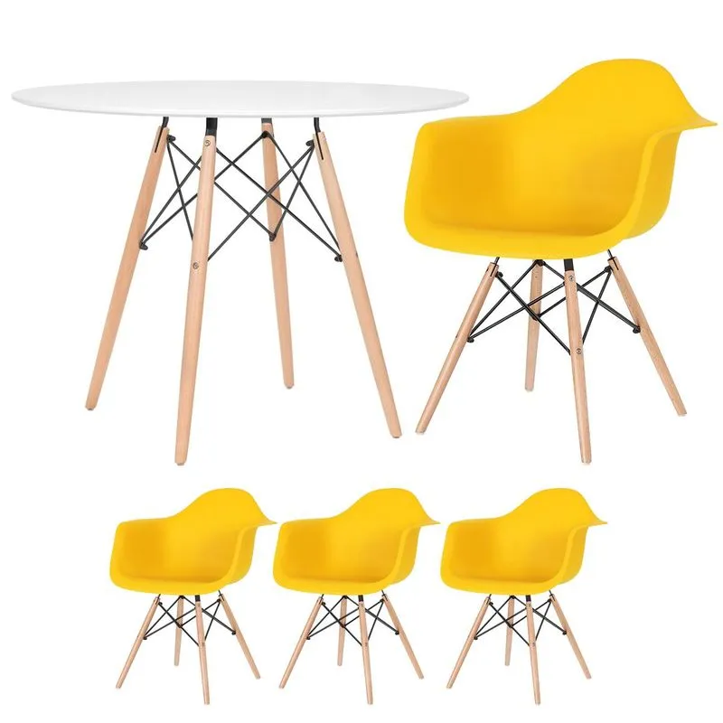 Kit - Mesa Redonda Eames 100 Cm Branco + 3 Cadeiras Eiffel Daw Amarelo