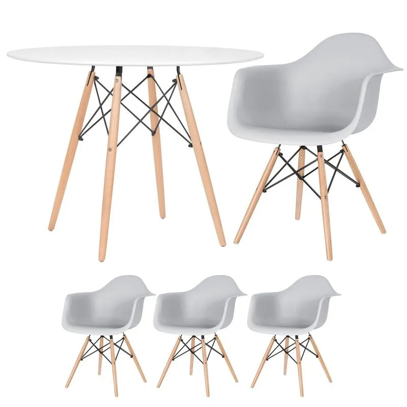 Kit - Mesa Redonda Eames 100 Cm Branco + 3 Cadeiras Eiffel Daw Cinza Claro