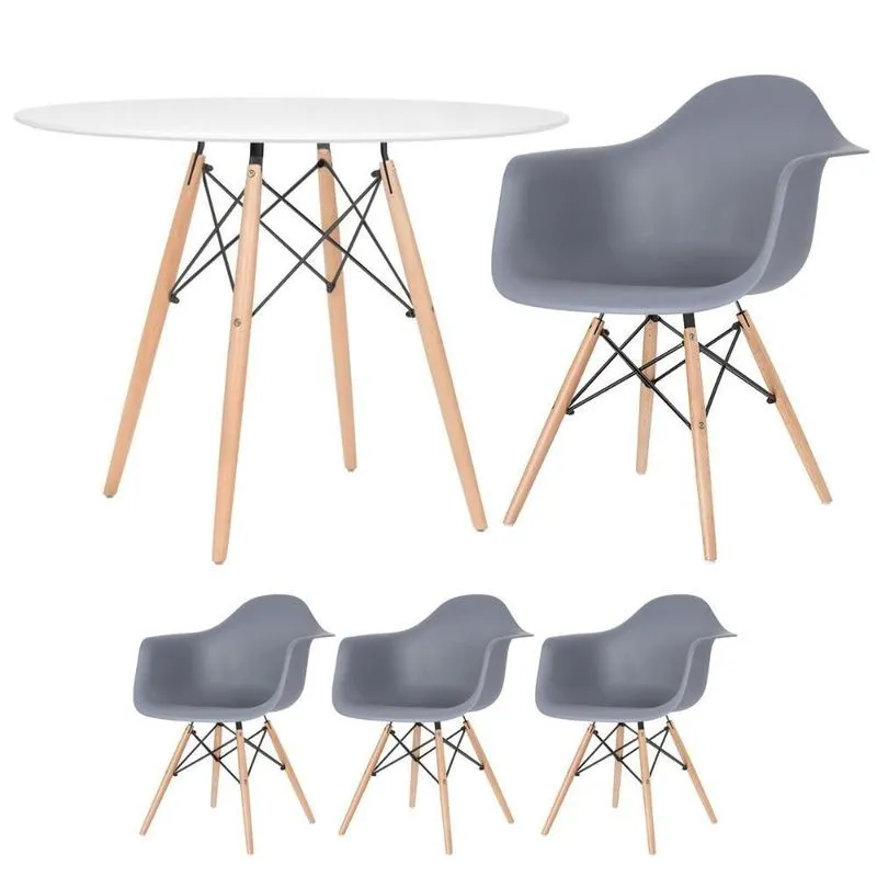 Mesa Redonda Eames 100 Cm Branco + 3 Cadeiras Eiffel Daw Cinza Escuro Cinza Escuro