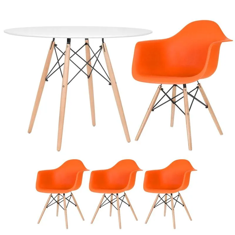 Kit - Mesa Redonda Eames 100 Cm Branco + 3 Cadeiras Eiffel Daw Laranja