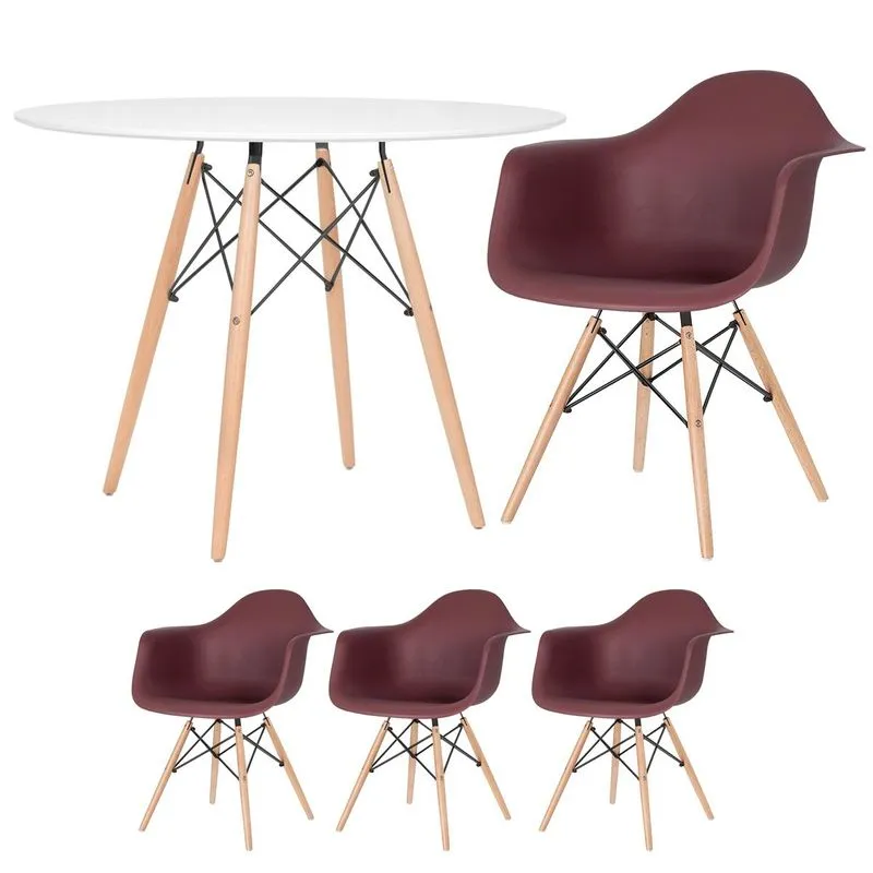 Kit - Mesa Redonda Eames 100 Cm Branco + 3 Cadeiras Eiffel Daw Marrom